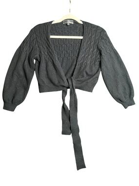 Blue Blush Black Cable Knit Tie Front Cropped Cardigan Sweater Small
